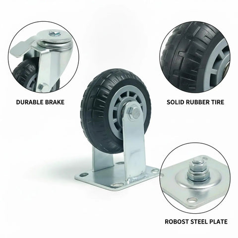 Heavy Duty Plate Caster With Brake For Hand Trucks And Industrial Carts, Solid Rubber Wheel, robust steel plate, and visible brake