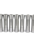 Seven metal pieces from R8 Collets Set 13 Piece Precision Mill Chuck Holder For Bridgeport Machines Shop Ready Size Range 1/8 To 7/8 Inches With.0006 TIR Runout And Drawbar Thread 7 16 20 Hardened And Ground in a row.