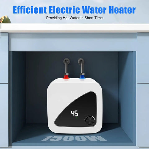 Hella Compact 2.1 Gallon Electric Mini Tank Water Heater With Instant Kickin Hot Flow For Under Sink Kitchen Bathroom RV Use Featuring Durable Stainless Steel Build Zero Hassle Wall Mount Install visible in under sink space.