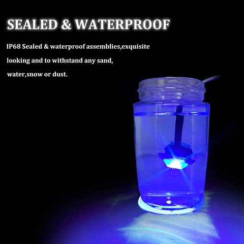 3 LED Round Boat Interior Lights Kit IP68 waterproof demonstration in jar with glowing blue light