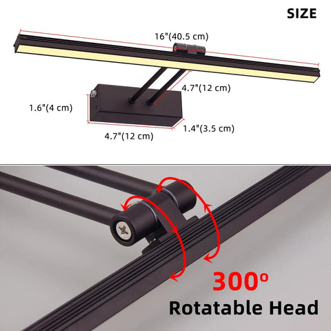 Wireless Rechargeable Picture Light 16 Inch Head with Rotating Bracket and Size Dimensions Displayed