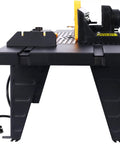Heavy Duty Benchtop Router Table Packs A Rock Solid Cast Iron Top And Tight Adjustable Fence For Precision Woodworking, side view with open chassis and powerful router.