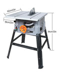 Heavy Duty 10 Inch Table Saw With 15 Amp Motor Delivers 5000 RPM Power For Ripping Through Hardwood And Pressure Treated Lumber Features Quick Assembly And Rolling Base For Shop Ready Precision Cuts, shown from front angle with measurements.