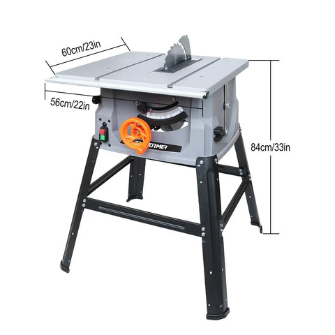 Heavy Duty 10 Inch Table Saw With 15 Amp Motor Delivers 5000 RPM Power For Ripping Through Hardwood And Pressure Treated Lumber Features Quick Assembly And Rolling Base For Shop Ready Precision Cuts, shown from front angle with measurements.