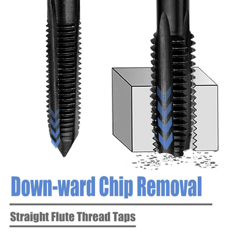 Close-up of straight flute thread taps for Pro Grade Fourteen Piece Thread Tap Set With Nitriding Coated HSS Taps For SAE Threads Ranging