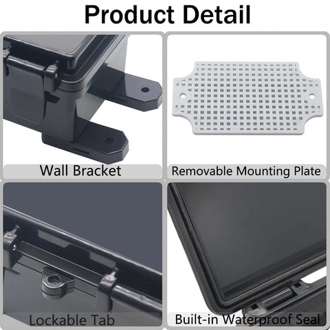 Otdorpatio IP67 waterproof ABS junction box with hinged black cover, wall bracket, removable mounting plate.