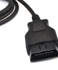 Close-up of 9.8ft OBD II 16Pin Car Diagnostic Extension Cable Male connector, showing flexible durable design.