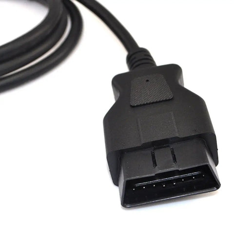 Close-up of 9.8ft OBD II 16Pin Car Diagnostic Extension Cable Male connector, showing flexible durable design.