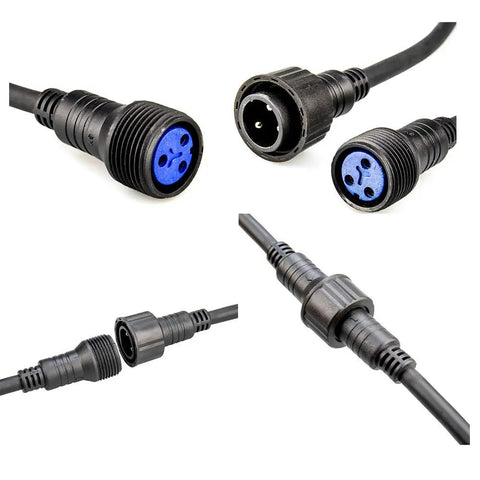 Top Tier Waterproof Power Cable Extension Featuring 3 Pin 13Awg Connectors Ip65 Rated 16.4 Foot Stage Lighting Cord close-up of connectors