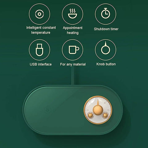 Electric Coffee Mug Warmer with smart controls, knob button, and USB interface for precise temperature settings.