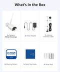 Box contents: 2x 2K Outdoor Security Cameras, 2x Power Adapter, 1x Antenna Extension Cable, 2x Warning Stickers, User Manual, Screw Pack.
