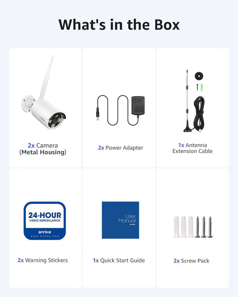 Box contents: 2x 2K Outdoor Security Cameras, 2x Power Adapter, 1x Antenna Extension Cable, 2x Warning Stickers, User Manual, Screw Pack.