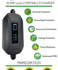 Level 2 EV Charger 16 Amp Portable EVSE with safety features like IP56 waterproof protection and indicators for home charging.