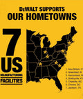 Map showing DeWALT's 7 US manufacturing facilities with states labeled and locations marked.