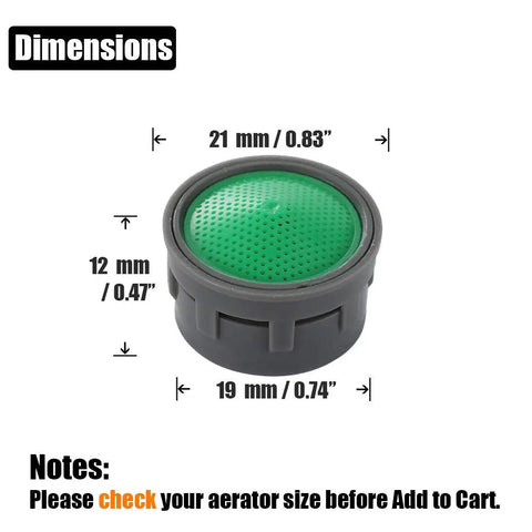 Image showing dimensions of a High Flow Faucet Aerator Insert Set Pro Grade 4.75 GPM at 43 PSI 10 Pack Replacement Parts, 21x12x19 mm.
