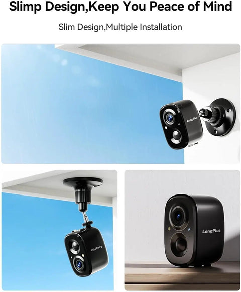 Solar Wireless Outdoor Security Camera Set 2 Pack Battery Powered WiFi Cameras With AI Motion Detection And Two Way Talk Color Night Vision 3MP No Brainer Setup For Home Security mounted on a ceiling and wall.