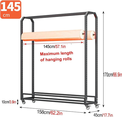 Heavy Duty Cold Rolled Steel Textile Storage Rack And Vinyl Roll Cart Organizer For Wallpaper Window Film And Material Spools, with dimensions displayed.