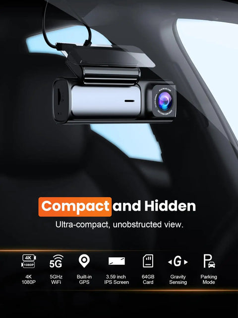 Compact 4K Front And Rear Dash Cam With Built-In 5G WiFi GPS, 64GB Included, attached to car windshield with unobstructed view.