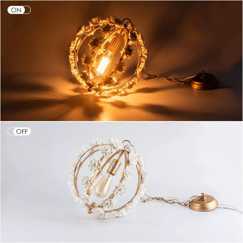 Gold Pendant Light Fixture With Adjustable Chain For Girl Room, Nursery And Bedroom, Elegant white flower chandelier, lit and unlit