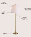 63 Inch Brass Gold Modern Glam LED Floor Lamp With White Linen Empire Shade, Pull Chain, UL Listed, LED Bulb Included