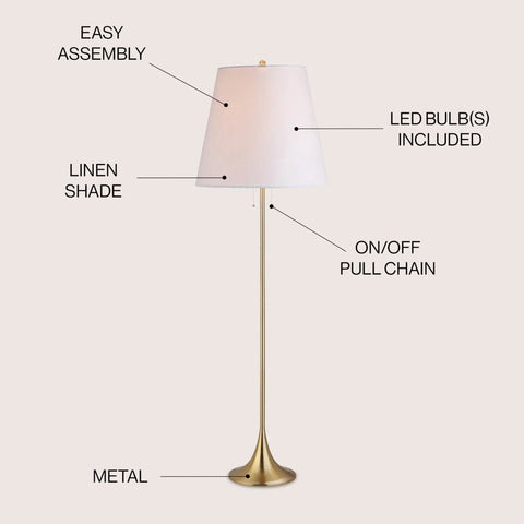 63 Inch Brass Gold Modern Glam LED Floor Lamp With White Linen Empire Shade, Pull Chain, UL Listed, LED Bulb Included