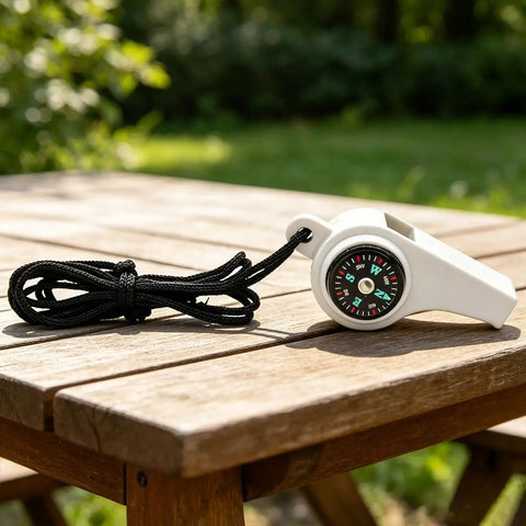 3-In-1 Survival Whistle With Built-In Compass And Thermometer on wooden table, white color, with attached black lanyard.