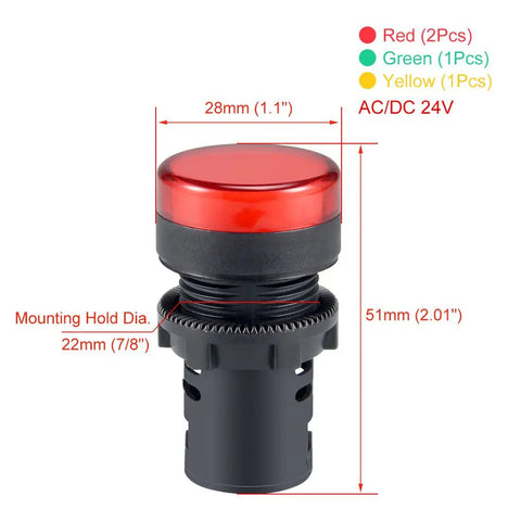 4 Pack Tri Color LED Indicator Lights 24V AC DC 22mm Panel Mount Kit featuring red LED, dimensions labeled, shown in side view.