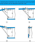 Diagram showing installation angles for Beefy 10 Inch Gas Struts For Cabinets 60N 14 Lb Soft Open Lift Support Black Stainless Steel Nylon