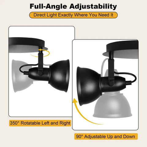 Industrial 3 Light LED Track Lighting Kit In Black showing 350° rotatable adjustable heads for kitchen living room and office