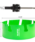 Two-piece HLOFIZI carbide-tipped hole saw set with green outer ring and black arbor, 6-1/8 inch diameter