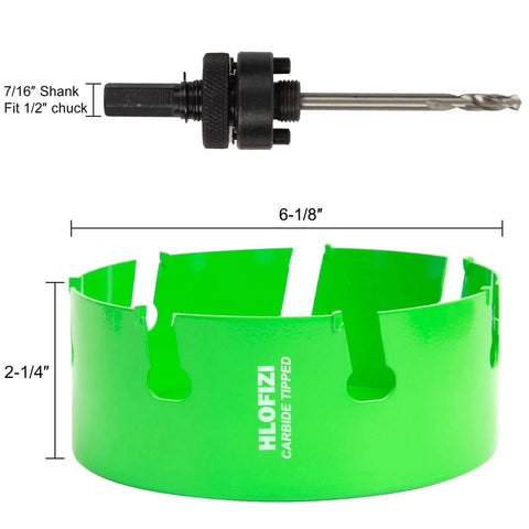 Two-piece HLOFIZI carbide-tipped hole saw set with green outer ring and black arbor, 6-1/8 inch diameter