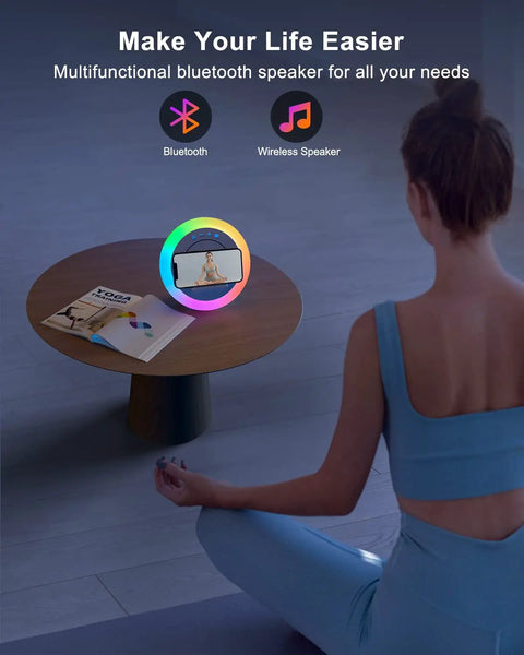 Woman meditating near 4 In 1 Bluetooth Speaker With Lights And Wireless Charging Station For Teens And Dorm Rooms, Night Light, Phone Holder