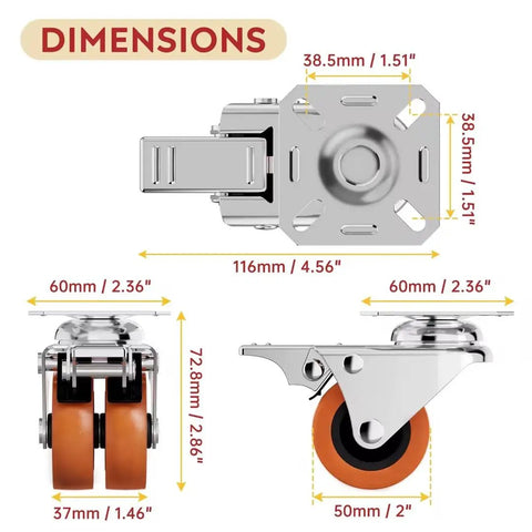 Dimensions of Heavy Duty 2 Inch Swivel Caster Wheels Set Of 4 Locking Plate with steel frame and precision ball bearings.