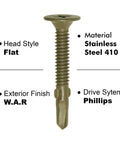 Wood To Metal Self-Drilling Screws 10-24 X 1-7/16 Reamer Tek Wafer Head Pack 500, flat head, stainless steel, with WAR coating.