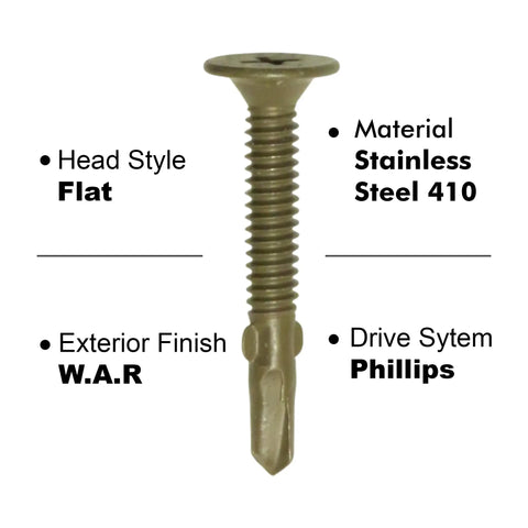 Wood To Metal Self-Drilling Screws 10-24 X 1-7/16 Reamer Tek Wafer Head Pack 500, flat head, stainless steel, with WAR coating.