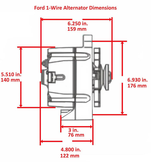 Ford 1Wire Alternator 140 Amp High Output 12 Volt Internal Regulator With Single Groove V Belt Pulley And Fan Baffle dimensions diagram.