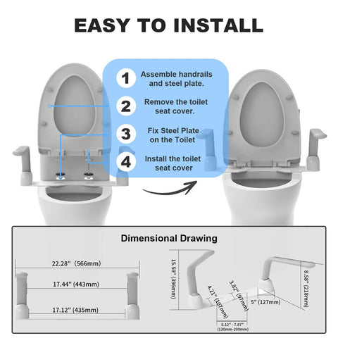 Foldable Toilet Safety Rail With Aluminum Handrail Heavy Duty Grab Bar diagram for installation steps and dimensions.