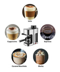 Italian 5 Bar Semi Automatic Espresso Machine with lattes, cappuccinos, espressos, caramel macchiatos, and mochas.