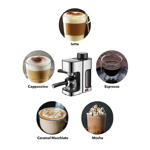 Italian 5 Bar Semi Automatic Espresso Machine with lattes, cappuccinos, espressos, caramel macchiatos, and mochas.