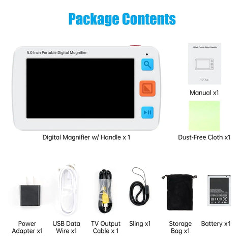 Package contents of Must Have Portable Digital Magnifier Reading Aid With Foldable Handle 5.0 Inch LCD Screen 4X To 32X Zoom
