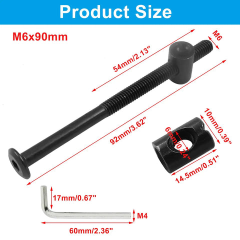 Heavy Duty M6 X 90mm Hex Drive Socket Furniture Barrel Screws And Barrel Nuts In Matte Black with hex wrench measurements.
