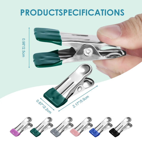 Hefty Grip Stainless Steel Clothes Pins, 36 Pack Rust Resistant Clip Set For Laundry And Pantry Organization showing sizes and rubber tipped ends.