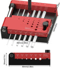 Center Locator Drill Guide Jig for DIY Projects, red and black, adjustable 0.3-3mm hole punch, shows size measurements.
