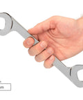 Person holding 32 mm wrench from Angle Head Open End Wrench Set 4-Piece 24 27 30 32 Mm With 30 60 Degree Offset For Tight Access