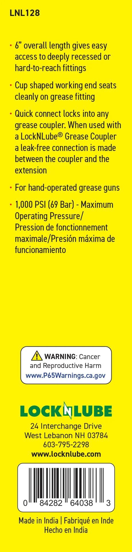 LockNLube Recessed Fitting Adapter packaging front view; yellow box with LNL128, 6 inch length, barcode, warning label