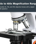 Wireless WiFi Desktop Microscope For iOS And Android That Lets You Stream Live Images, Record Video, And Measure Details, Featuring 3 Plan Achromatic Lenses 4x 10x 40x And 12x Digital Eyepiece For 48x 120x 480x Magnification, close-up of lens turret and stage