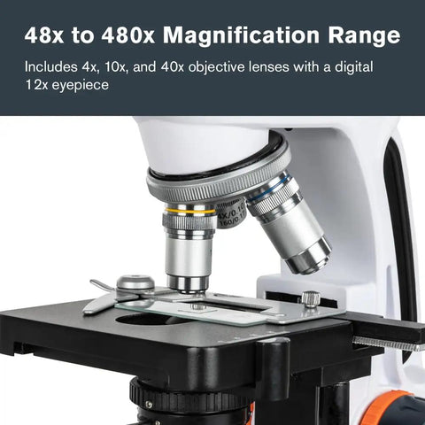 Wireless WiFi Desktop Microscope For iOS And Android That Lets You Stream Live Images, Record Video, And Measure Details, Featuring 3 Plan Achromatic Lenses 4x 10x 40x And 12x Digital Eyepiece For 48x 120x 480x Magnification, close-up of lens turret and stage