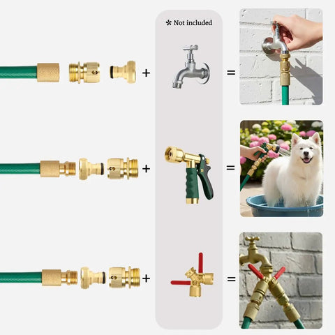 Diagram showing Two Pack Brass Garden Hose Quick Release Fittings Kit for Easy Water Connection Leak Proof and Durable Connectors.
