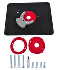 Universally Compatible Router Table Insert Plate Set with pre-drilled holes and screws for quick installation, heavy duty black metal plate.