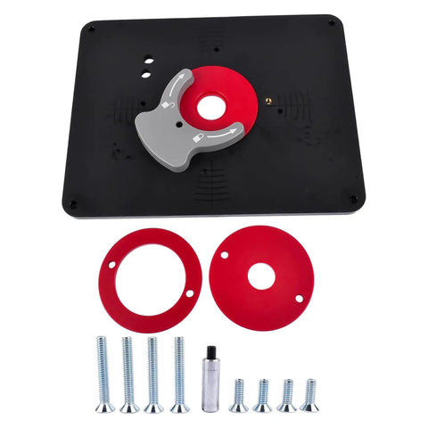Universally Compatible Router Table Insert Plate Set with pre-drilled holes and screws for quick installation, heavy duty black metal plate.